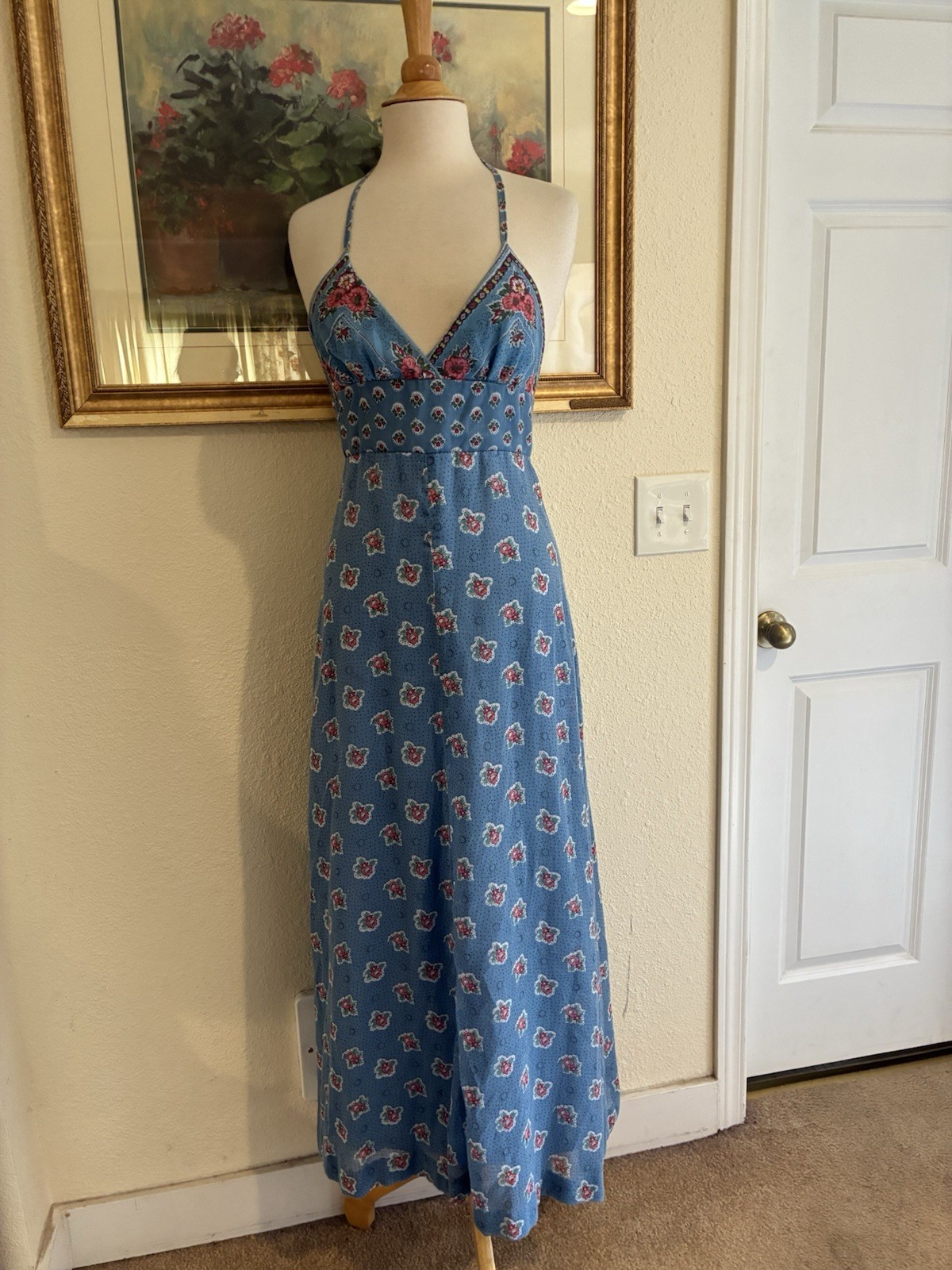Vtg 70s Young Edwardian Blue With Tiny Pink Flowers Print Halter Top Maxi Dress