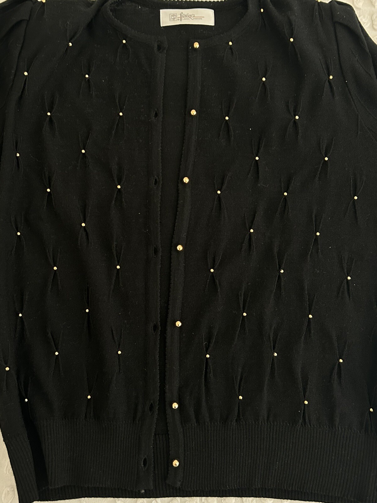 Vintage 1980’s Black Gold Button & Beads Cardigan Padded Shoulders Size Sm EUC