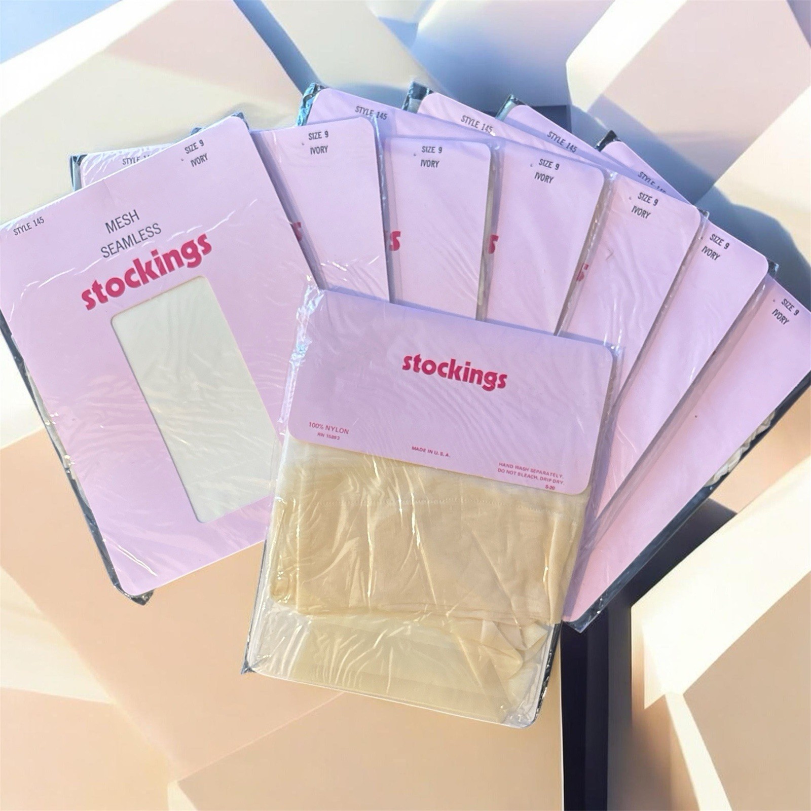 Vintage Mesh Seamless Nylon Stockings Ivory Size 9 Lot Of 8 Pair NOS B3-1