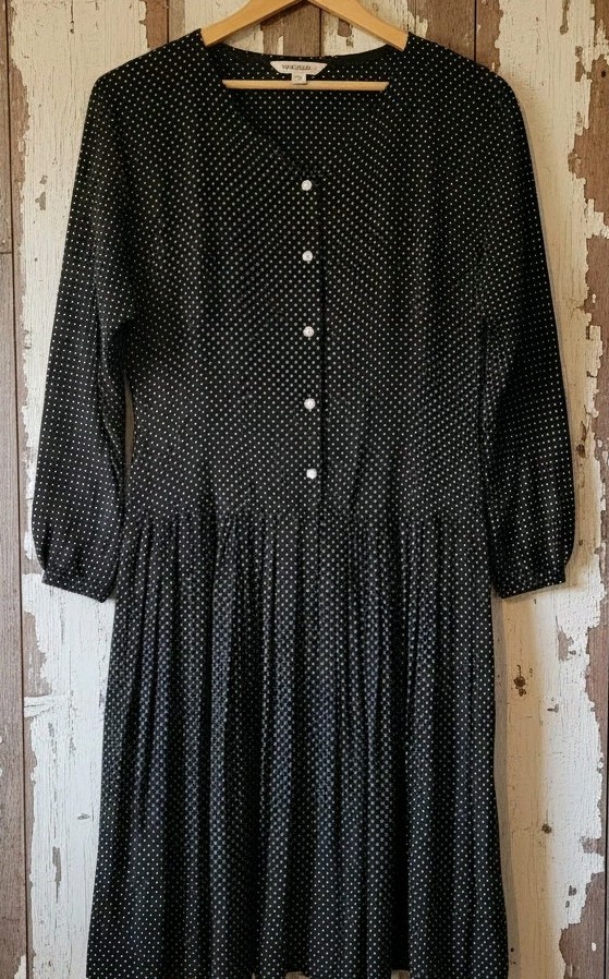 Vintage Dress Black Cream Polka Dots Size 34 36 XS S Midi Retro Pleated Skirt Pockets