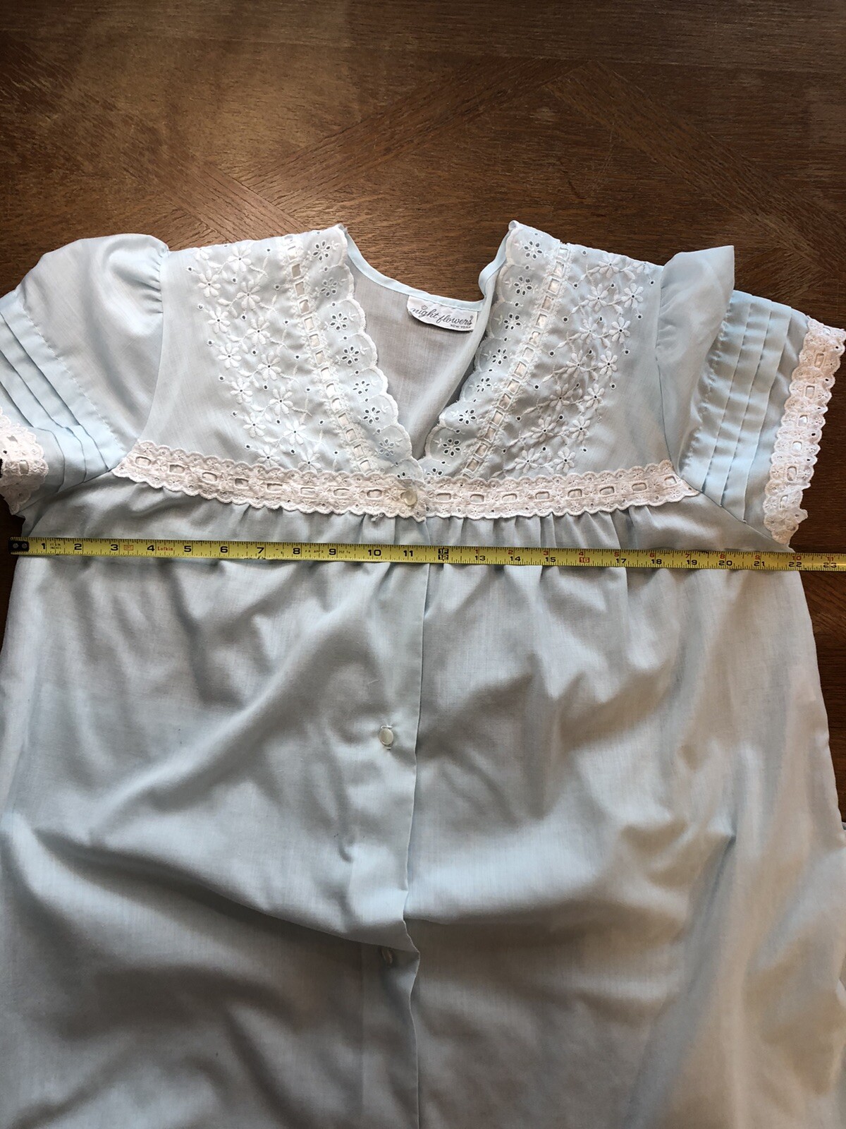 Vintage Night flowers Housecoat Women’s Medium Cotton Blend Lace Trim Pale Blue