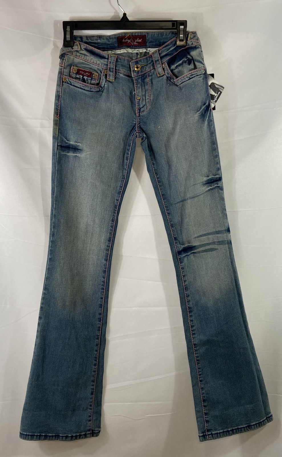 Baby Phat Women’s Vintage Y2K Blue Straight Leg Jeans Pink Stitch NWT Sz 1