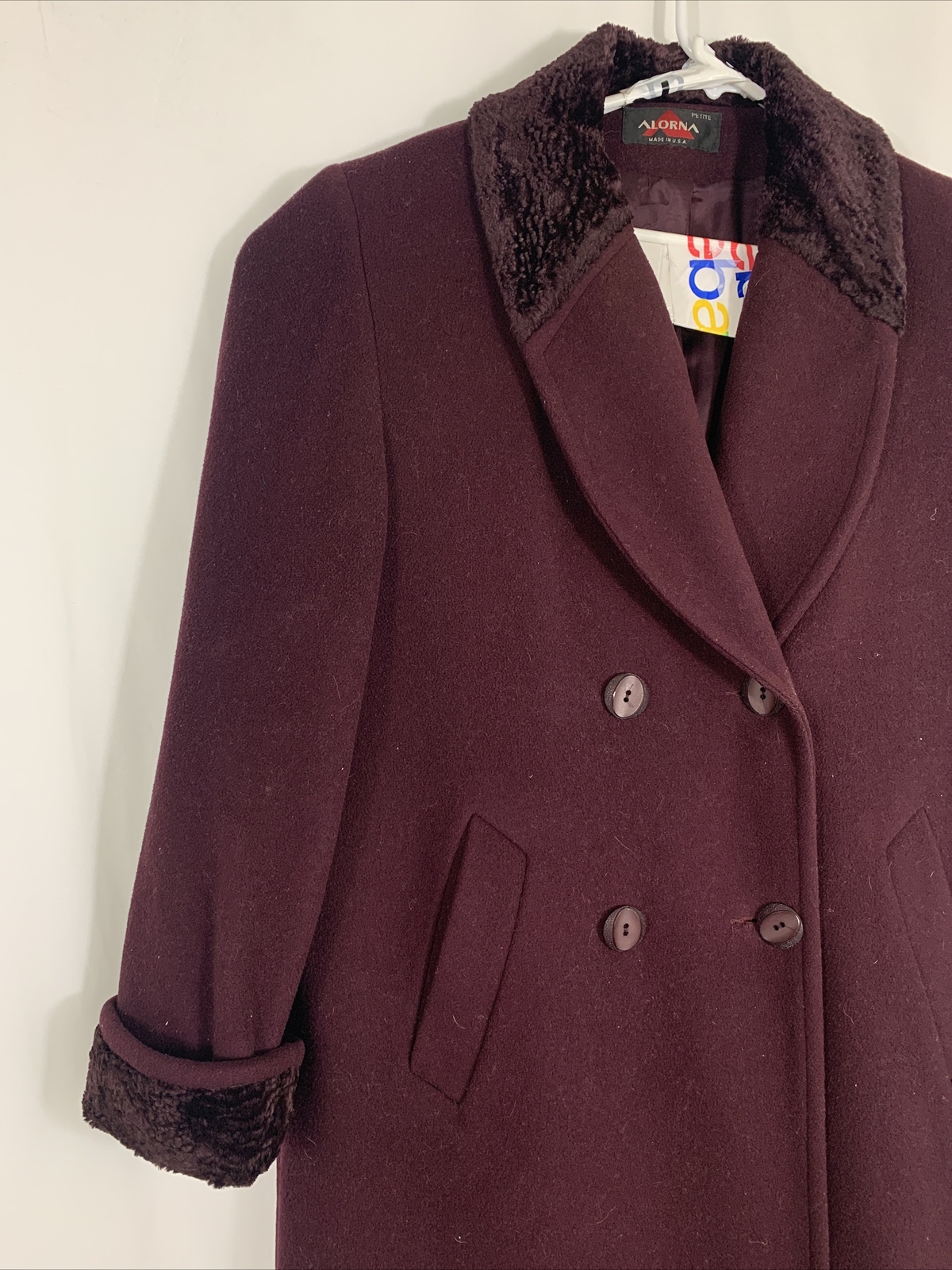 Vintage 80s Alorna Long Plum Wool Coat 12 Petite Evening Duster Velvet Trim