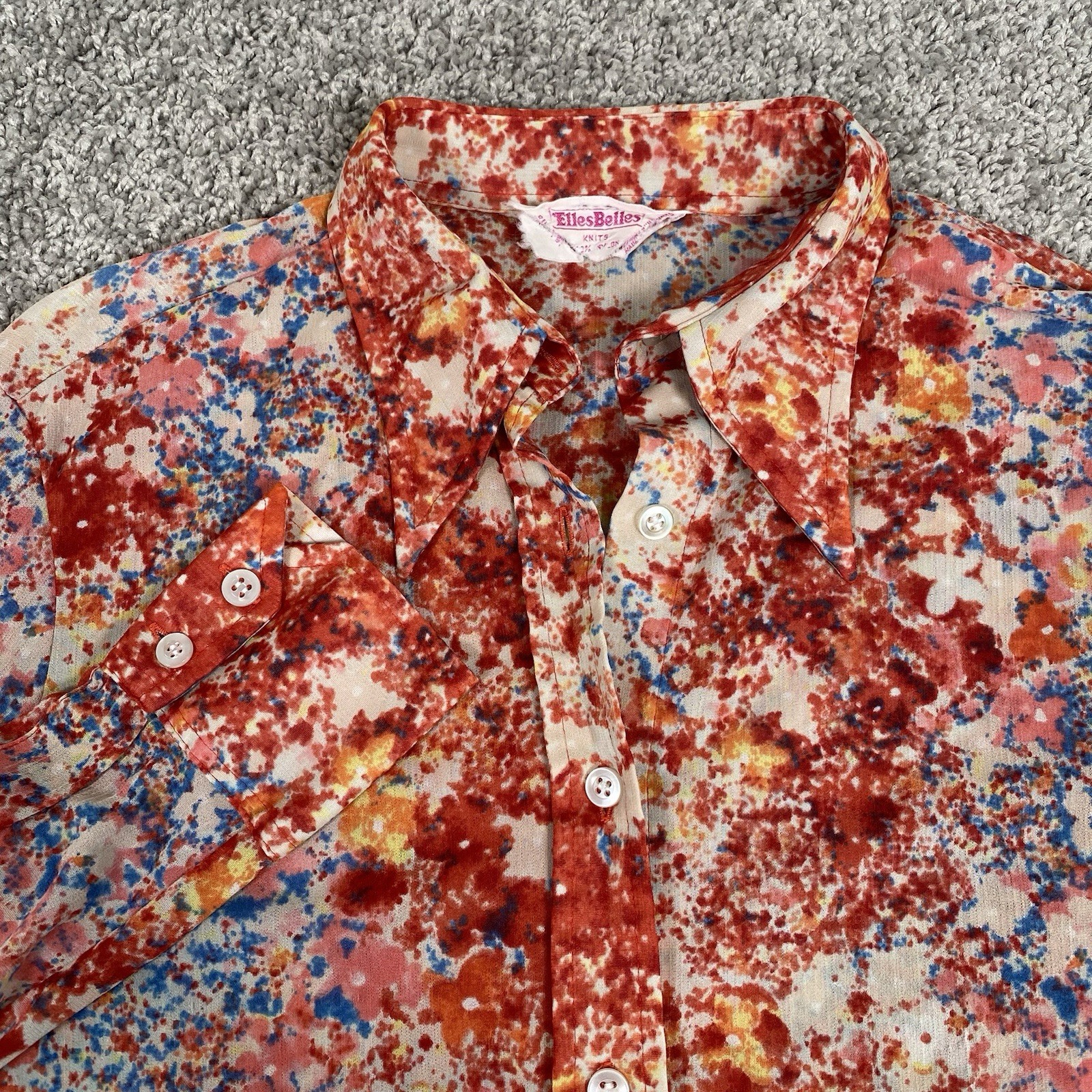 VTG 70’s Sheer Button Up Dagger Collar Shirt Red Disco Floral Secretary Size S/M
