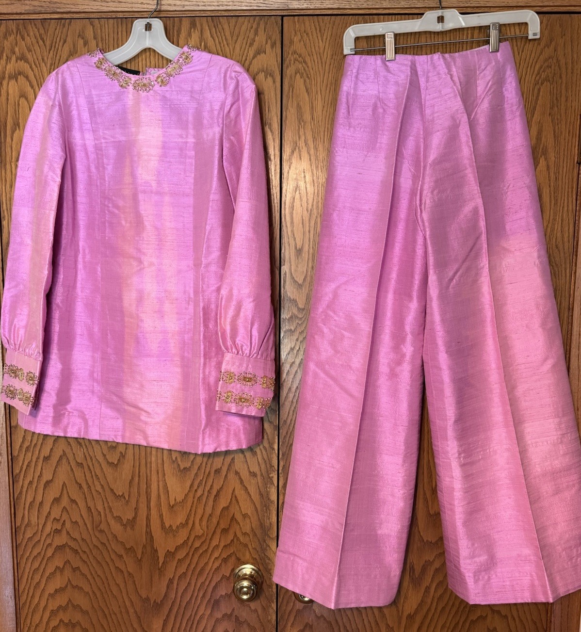 Vintage SABINA OF INDIA Pink Raw Silk Beaded TUNIC TOP + Wide PALLAZO Pants Sz 8