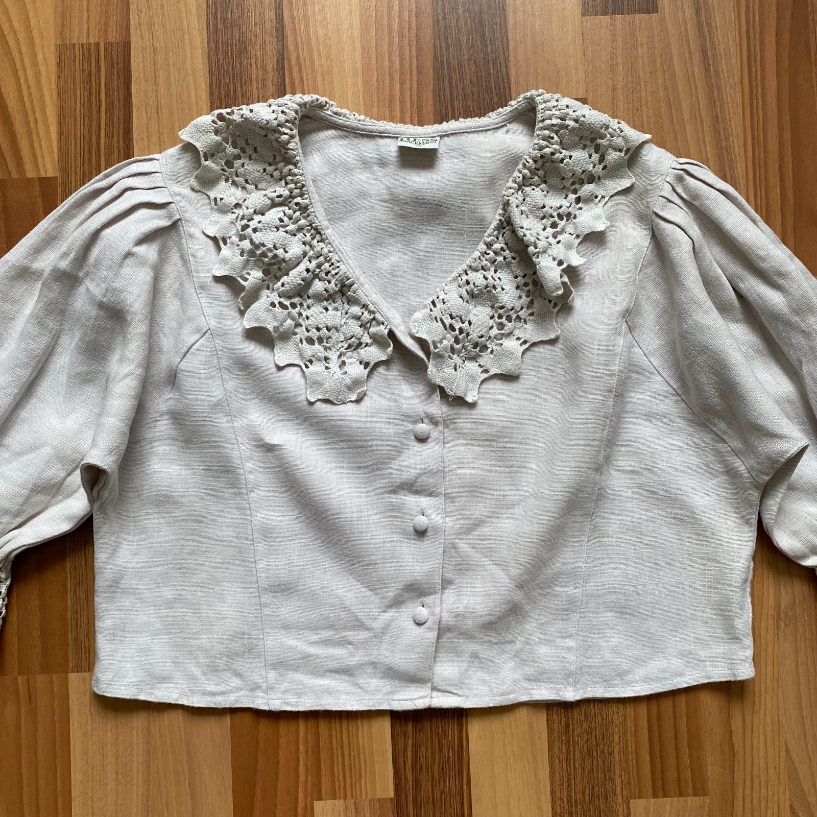 HESS FRACKMANN Linen Blouse Button Front Peasant Folk Edwardian Puff Sleeves 42