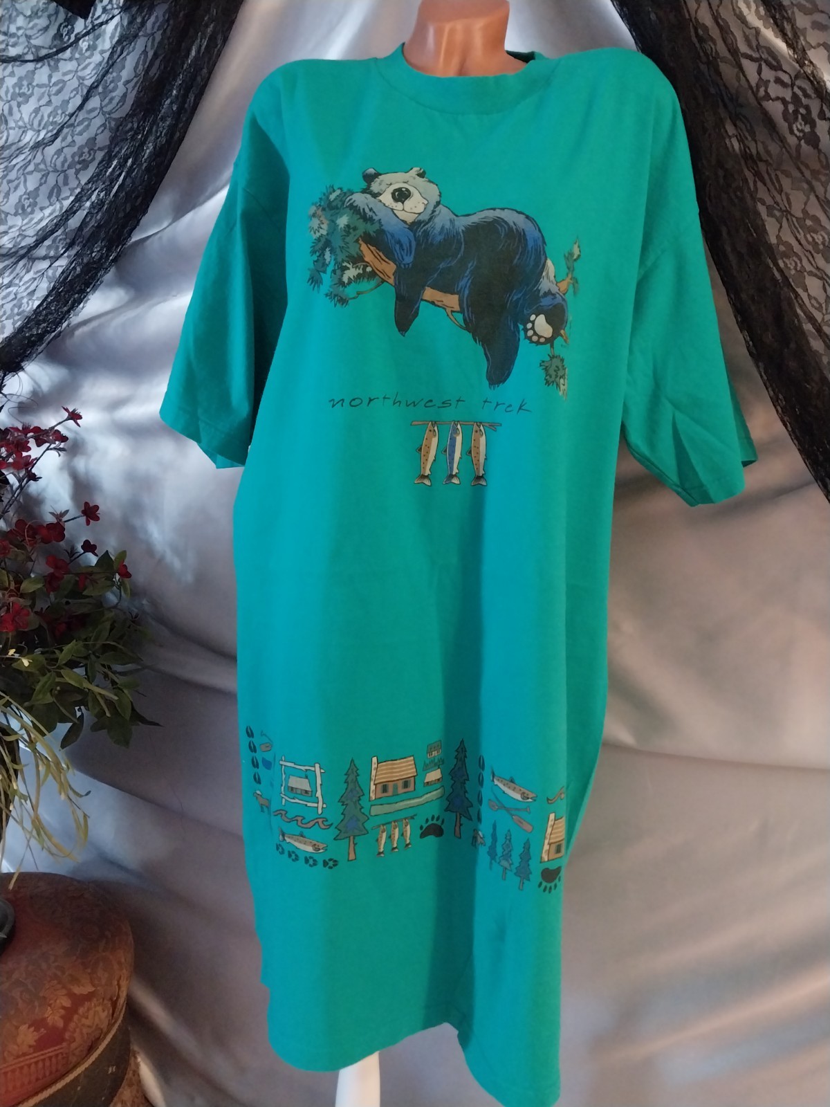 VTG NORTHWEST TREK SLEEP SHIRT COTTON BABYDOLL CABIN BEAR FISHING CAMPING 52 OS