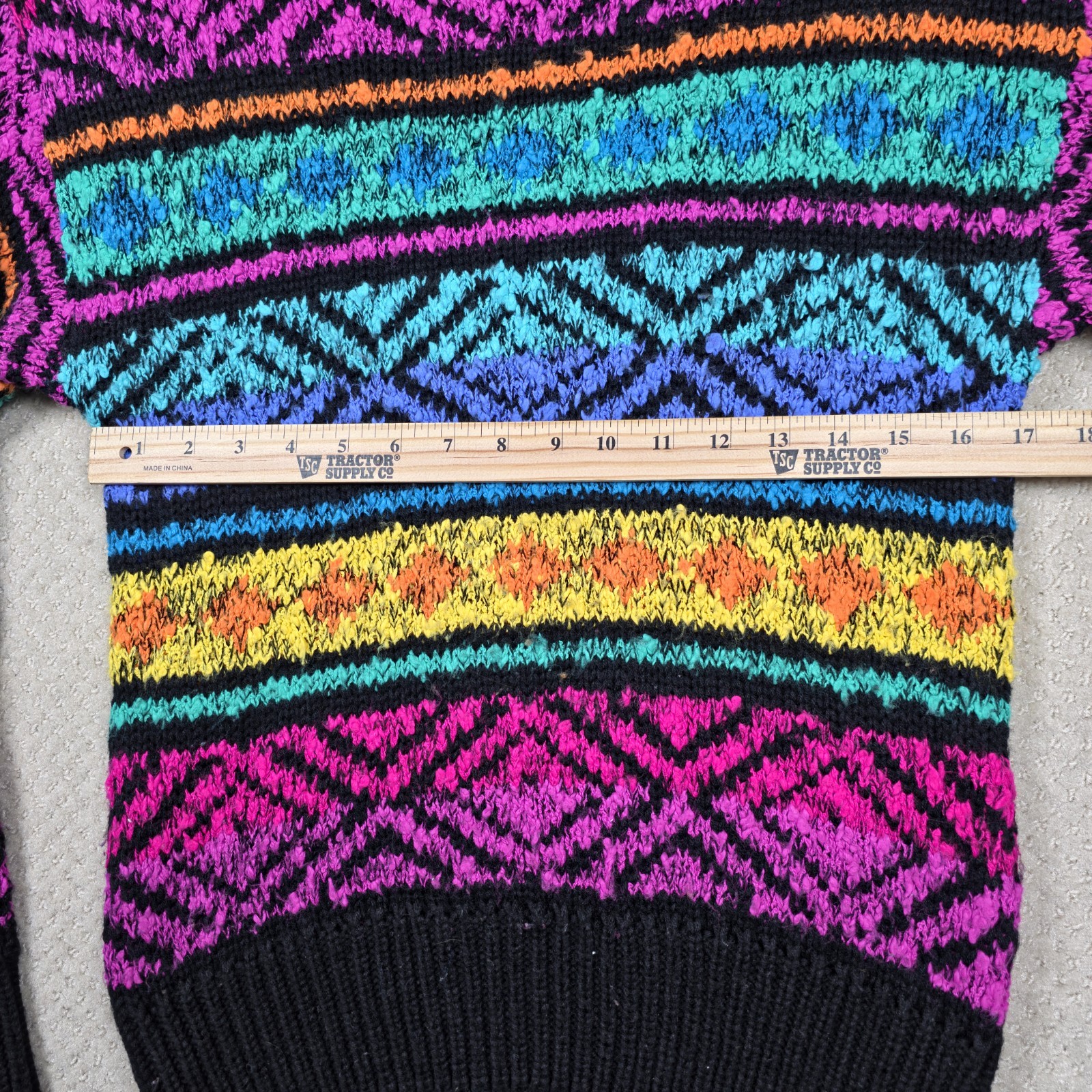 VTG 80s Cristina Sweater Women M Black Neon Aztec Cosby Chunky Knit Shoulder Pad