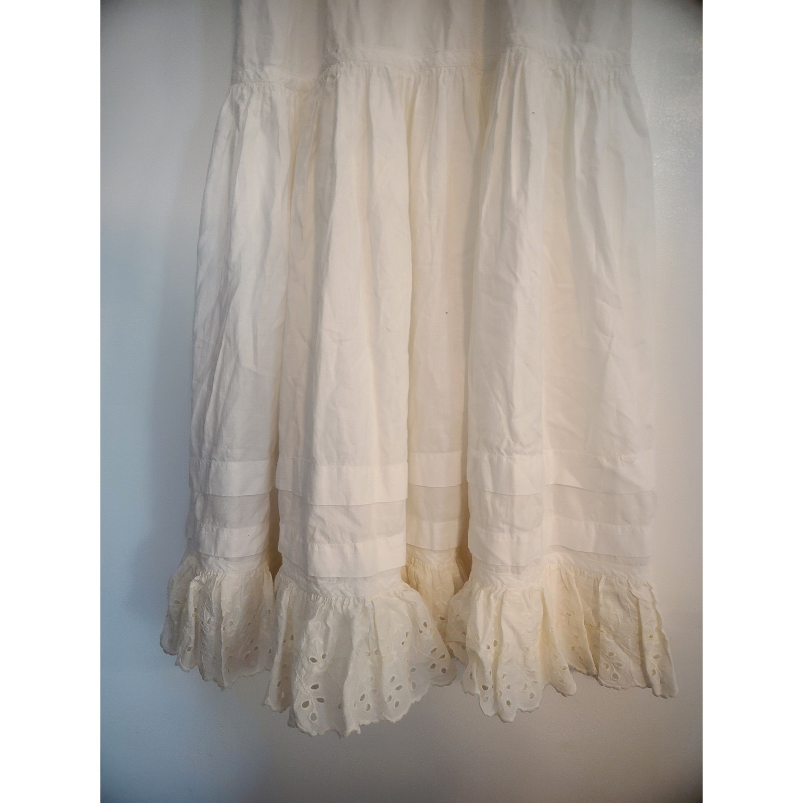 Vintage White Cotton Eyelet Lace slip gown Tiered Ruffle Hem Spaghetti Strap