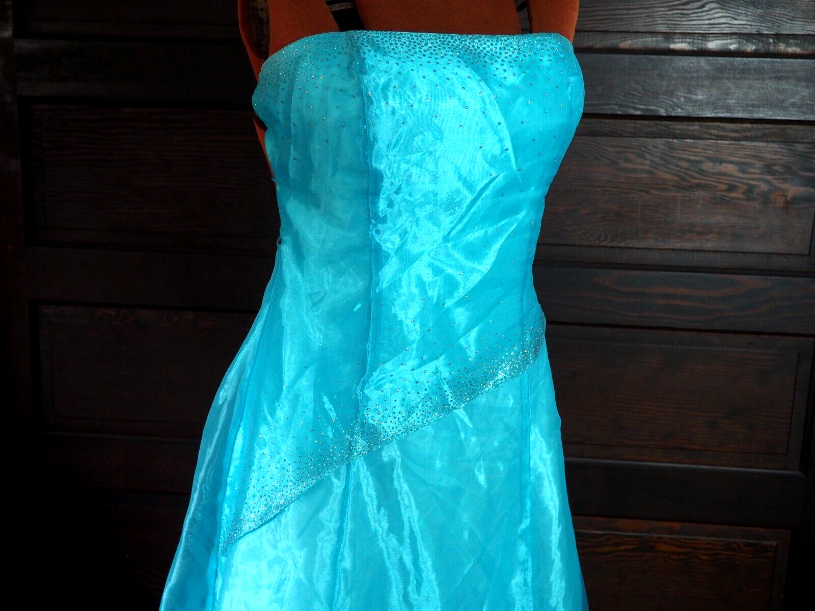 VTG 90s Kiki Turquoise Chiffon Taffeta Sleeveless Glitter Lace Up Gown Dress L