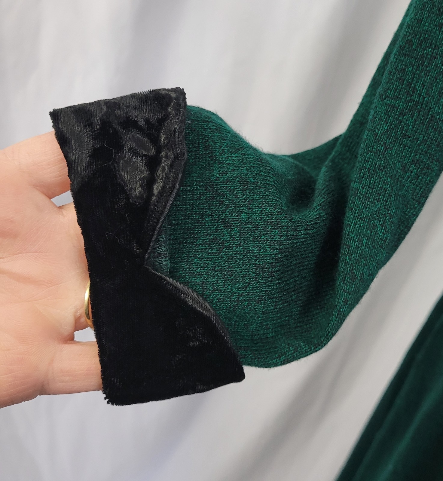Vintage JSJ Petites Green & Black Empire Dress w Black Velvet Accents Size 8