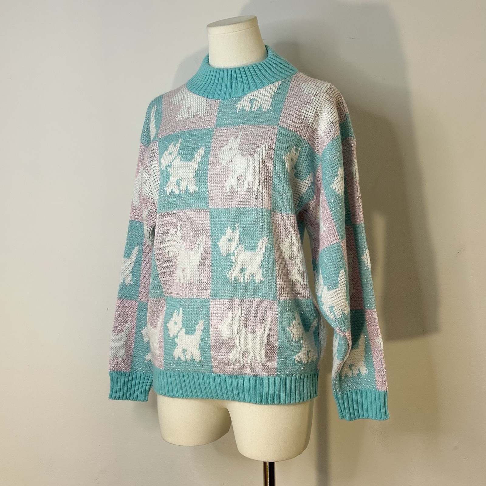 80s Soft Girl Preppy Scottie Dog Sweater Pink Blue Women’s 38 Inch Bust