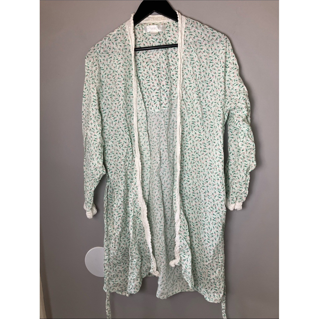 Eileen West Vintage Cotton Light Green Floral Tie Waist Small Robe Cottagecore