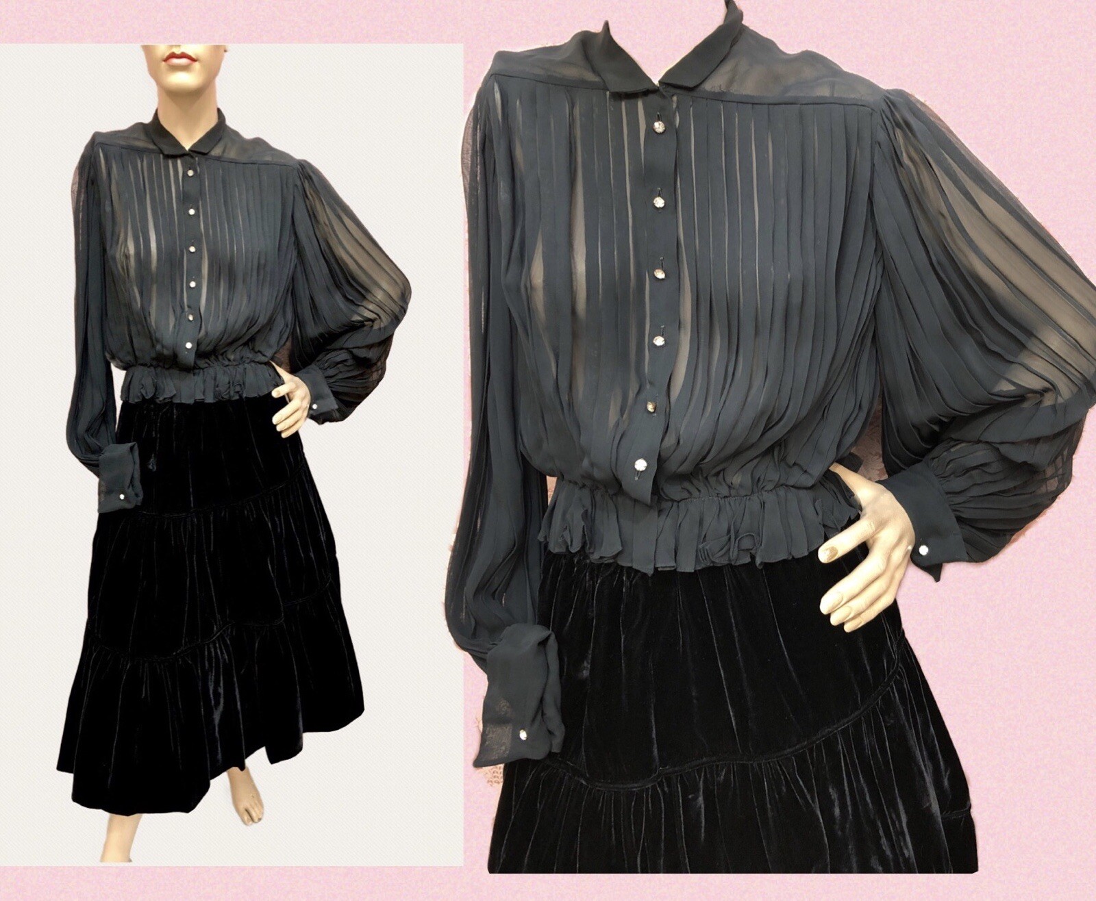 VTG 1940s „NEW LOOK” Chiffon BALLOON SLEEVE Cocktail Blouse & RAYON VELVET SKIRT