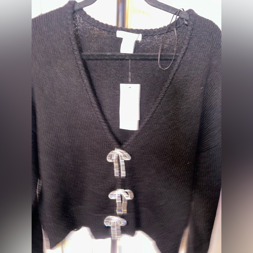 NWT Design History Size Large Black Sweater with Rhinestone Bling Bow Cardigan