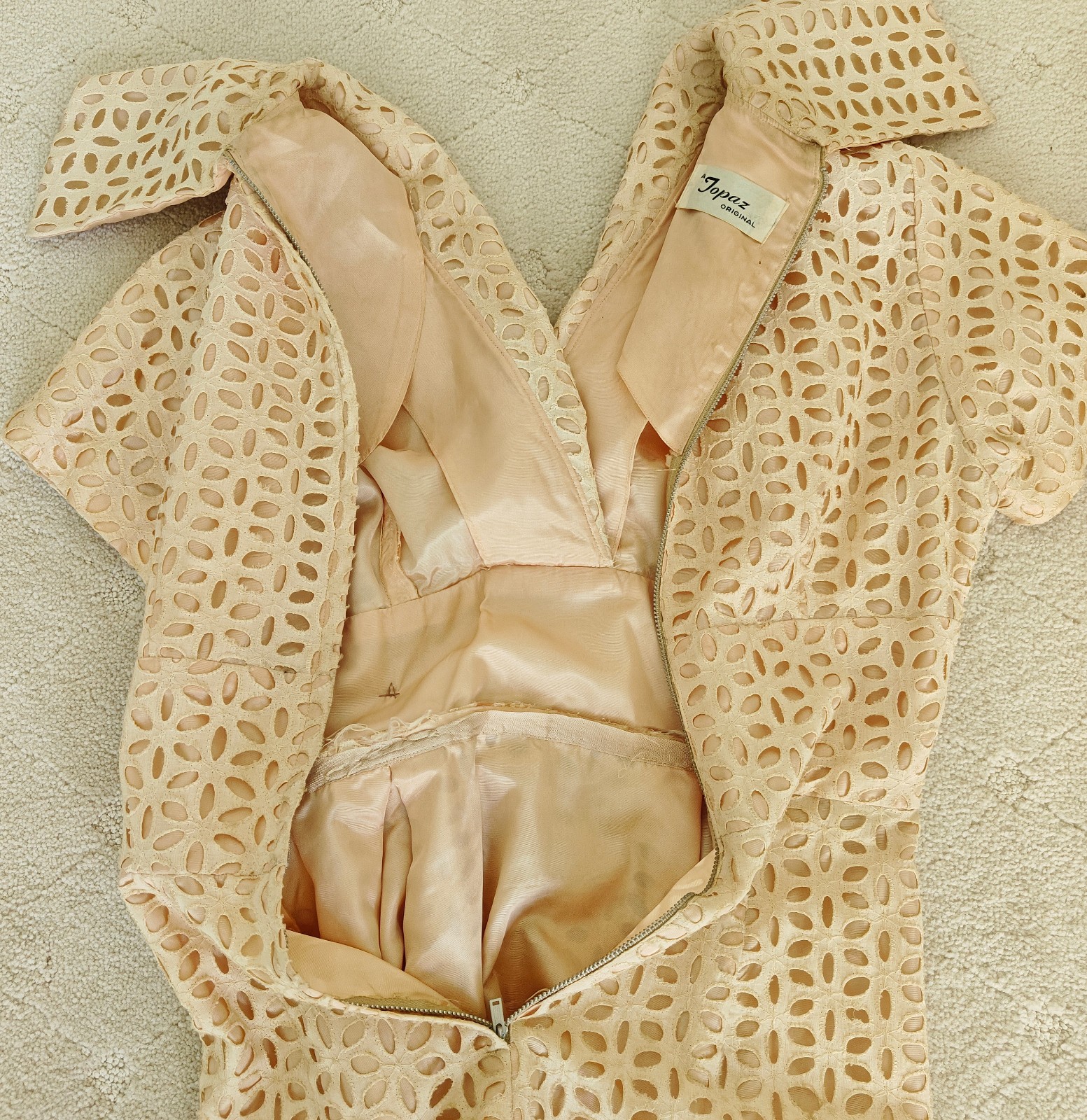 Vintage TOPAZ Original Women’s Dress with cut out eyelet LACE Tafetta 1980s 90s