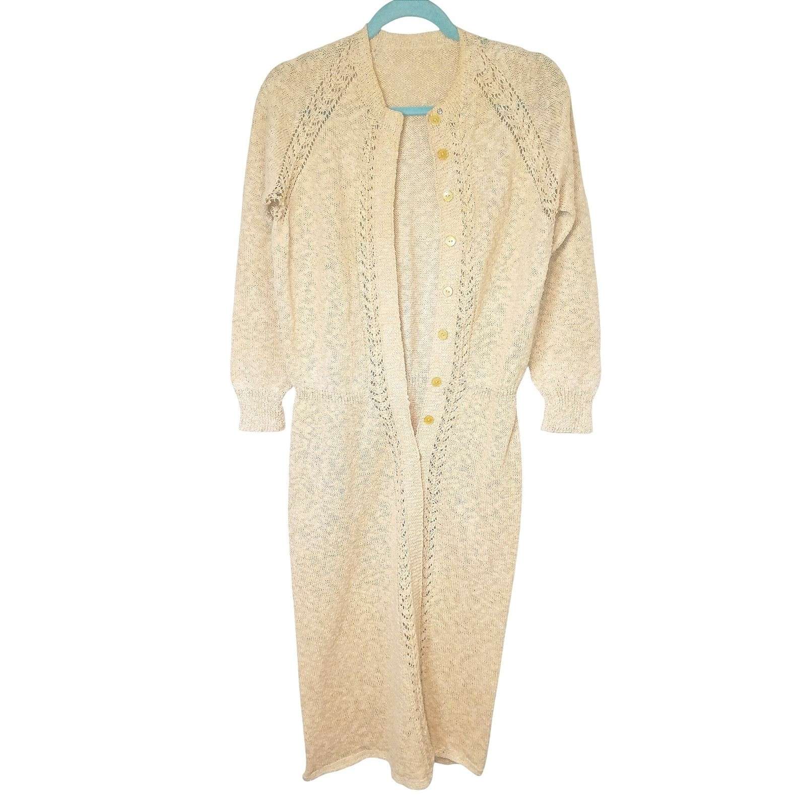 Vintage Handmade Pointelle Knit Cardigan Dress Oatmeal Beige Longline Midi XL