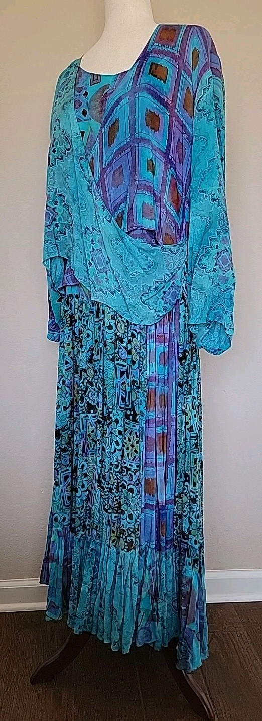 Vtg URU Womens Maxi Dress One Sz Oversized Tiered Lagenlook Drop Waist Floral