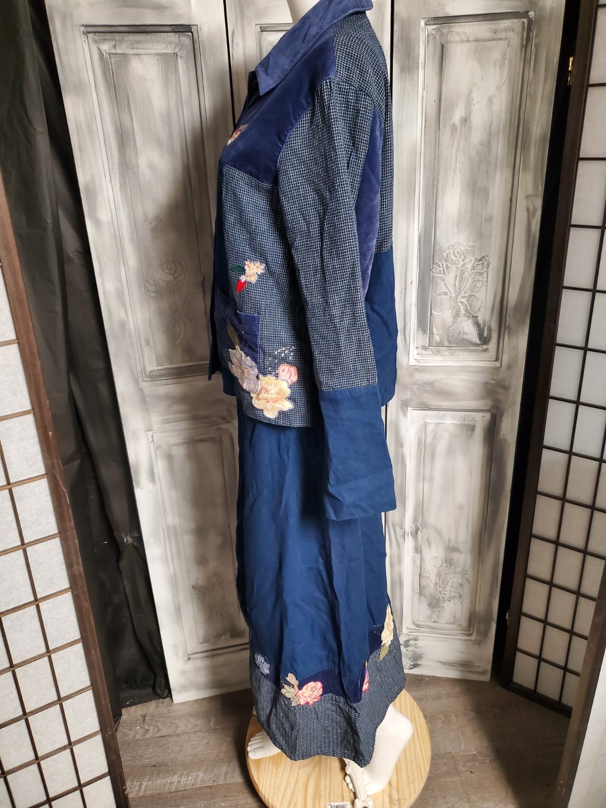 Vtg M Set Koret City Blues Midi Skirt W/Jacket 2PC Applique Rose Embroidered