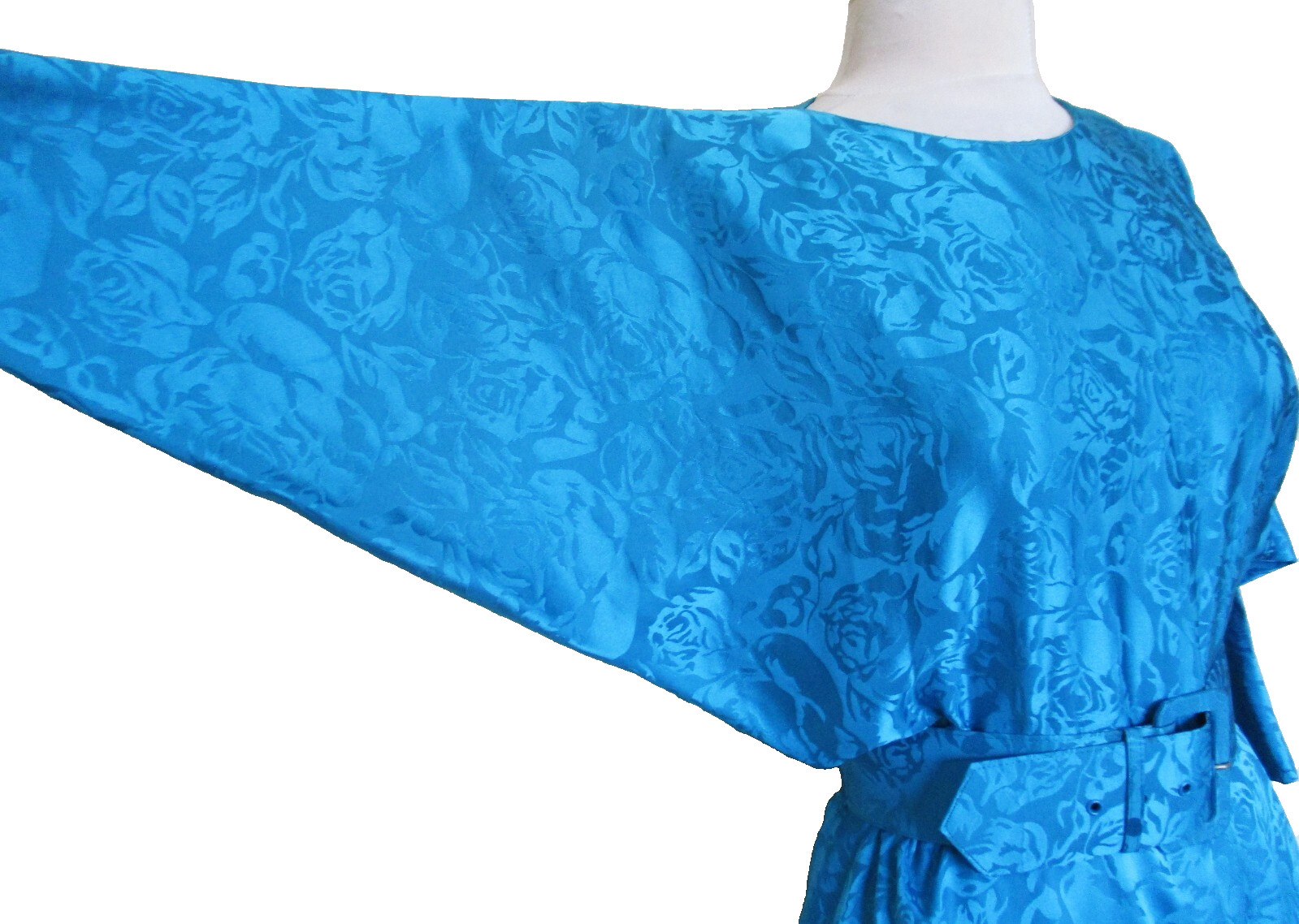 Vintage 80s St Gillian Turquoise Silk Dress 6P Dolman Sleeve Ruffle Skirt