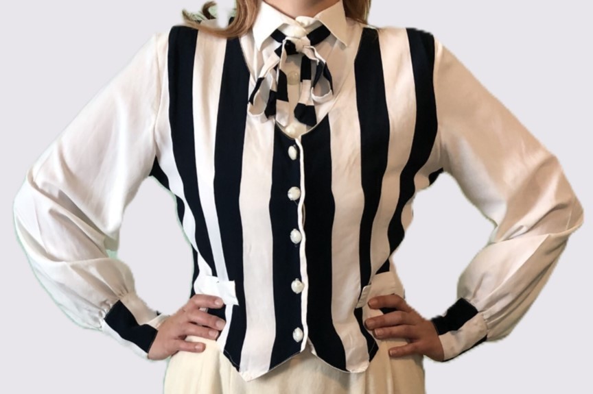 Vintage 1991 Austrian Designer Blouse Striped Vest Style Bell Sleeve Viscose SzM