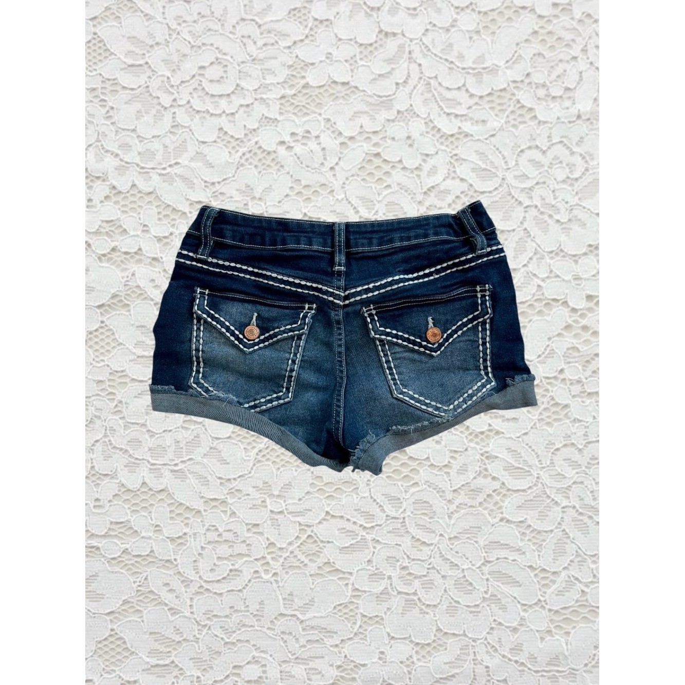 vintage ymi navy blue low rise denim shorts with white contrast stitching