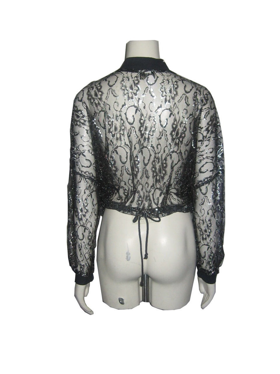 Black Metallic Mesh Lace See Thru Zipper Front Drawstring Waist Grunge Jacket