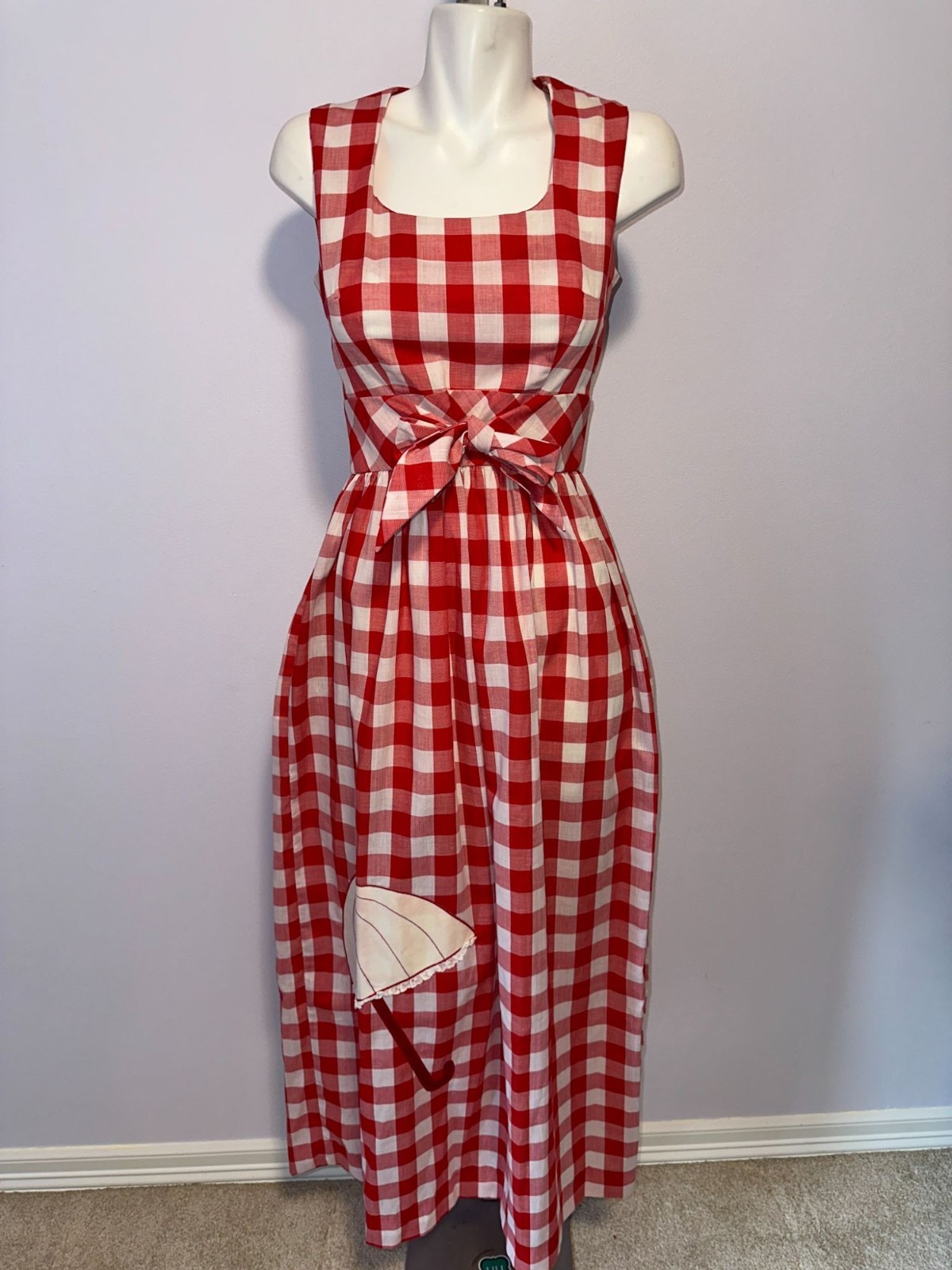 Vintage 70s Red Gingham Maxi Dress Concept Swirl Umbrella Applique Picnic 10