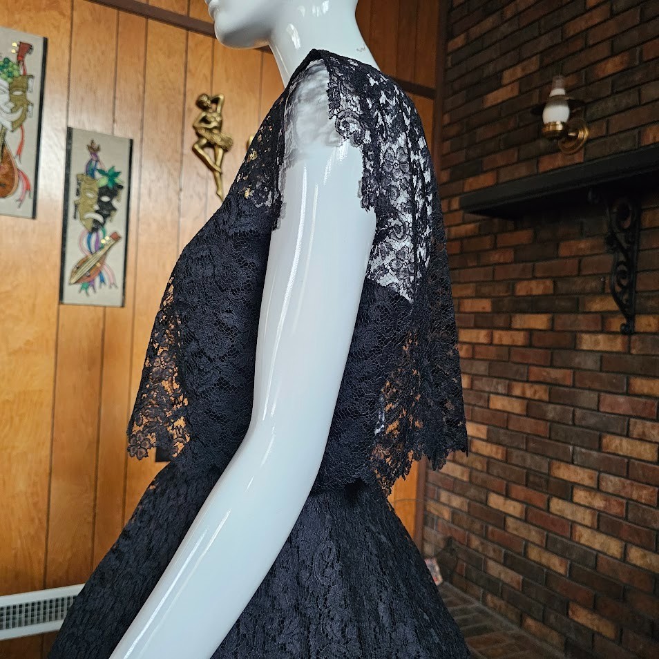 Vintage 1950s Black Lace Circle Prom Evening Cocktail Party Dress w/ Bolero XS/S