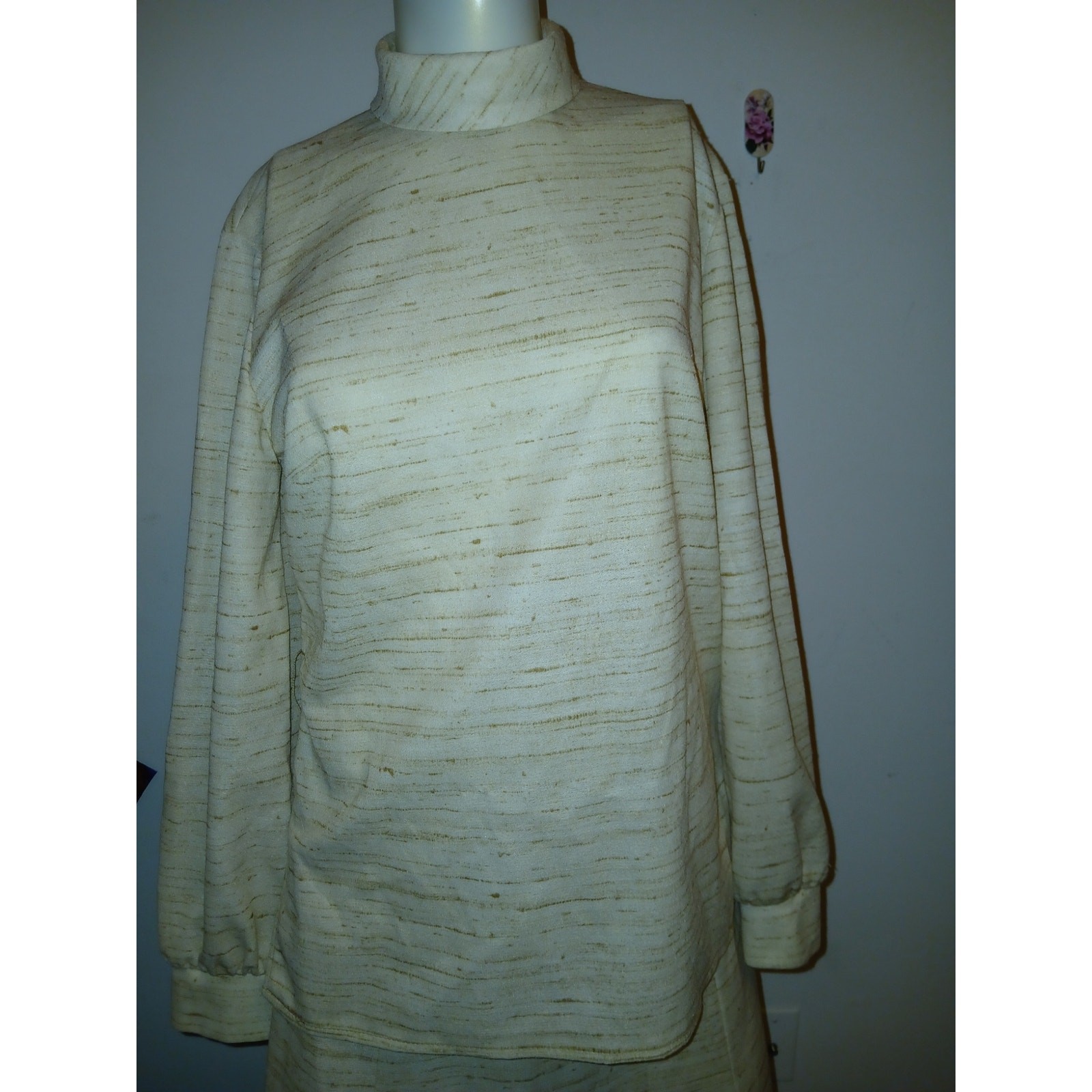 BLEEKER STREET 2pc Vintage Poly Knit Beige Skirt Set High Neck Shirt Top Medium