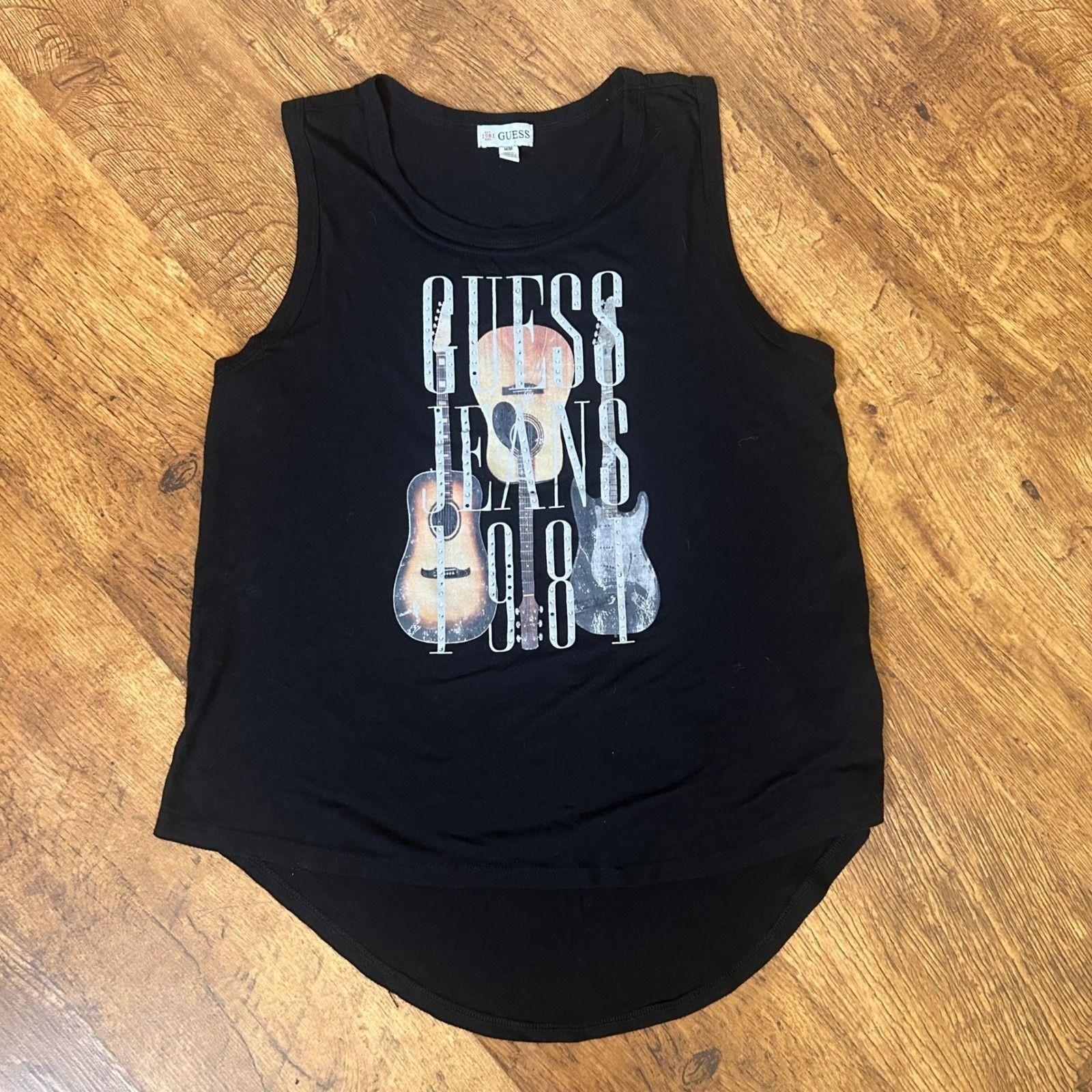 97. Guess Jeans 1981 Guitar Graphic Tank Top Black Rhinestone Y2K rock n roll