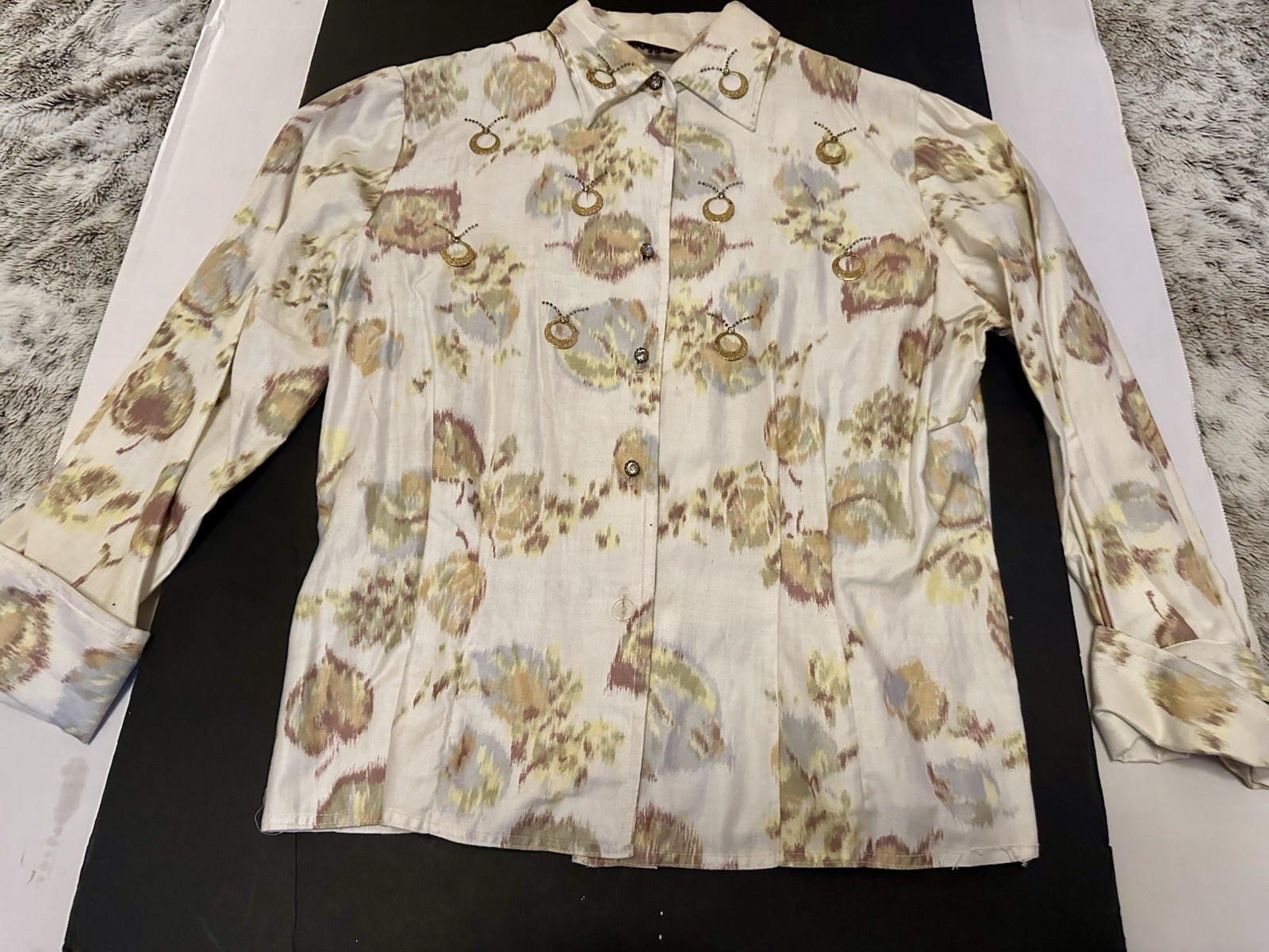 Vintage 50s Malbe Blouse Shirt Rhinestones Impressionist Pattern Sz S/M