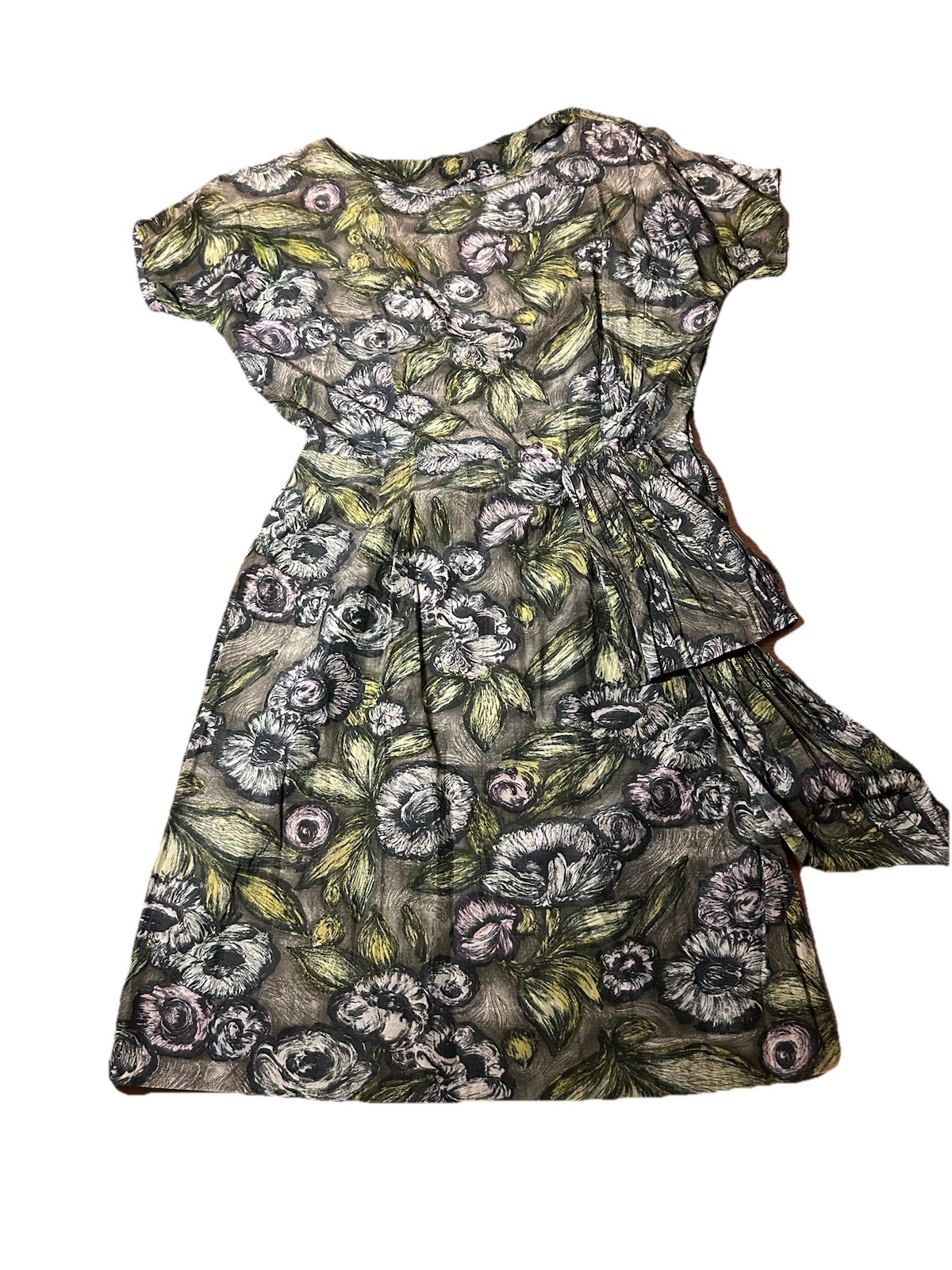 Vintage Cocktail Dress Silky Rayon Flounce At Front, 28 Inch Waist
