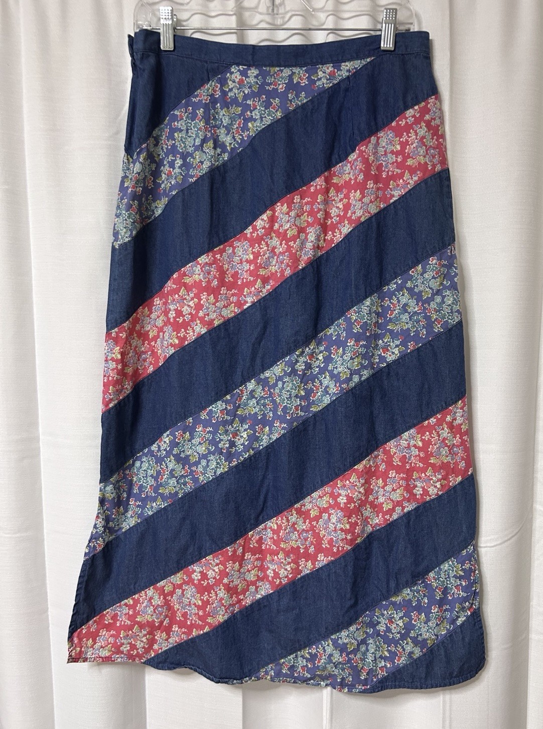 Vintage Crazy Horse 90s Chambray Jean Denim Floral Patchwork Skirt Boho Hippie 8
