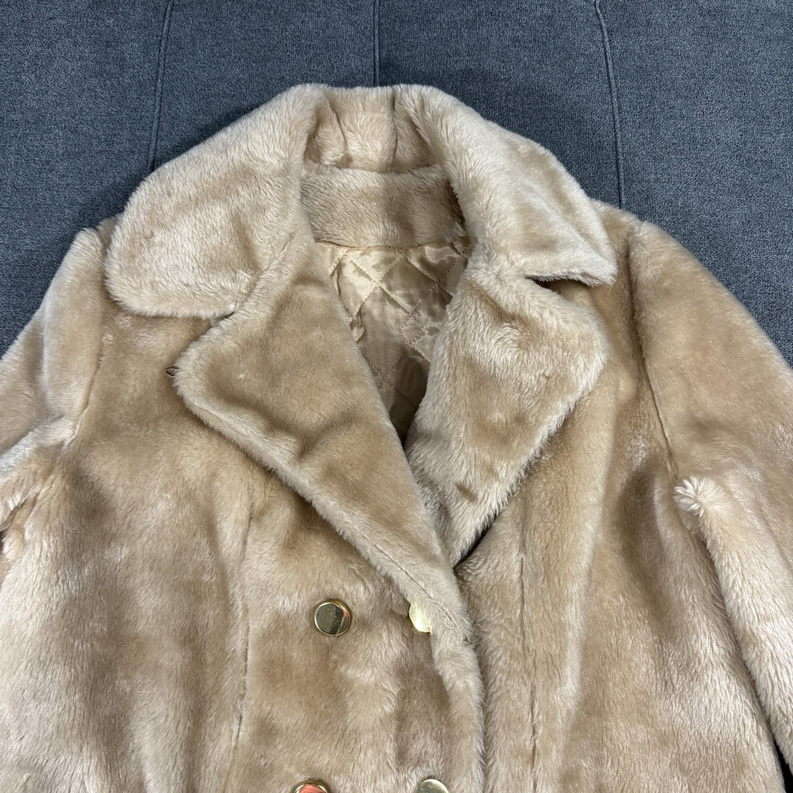 Vintage Sears Coat Womens 12 Faux Fur Camel Beige Gold Buttons Double Breasted