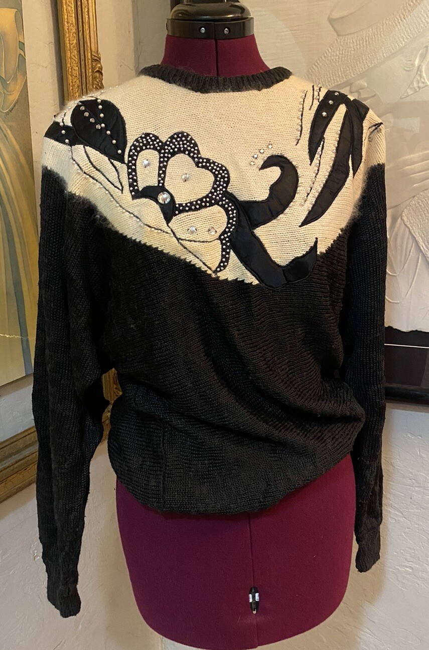 80s Vintage Black Geometric Deco Abstract Oversized Sweater Rhinestones Beaded