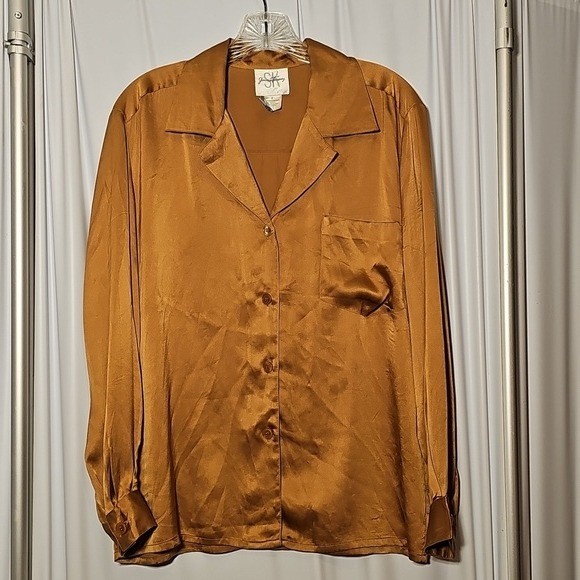 Vintage Jessica Tierney SK Golden Brown Long Sleeve Silk Blouse Size 6