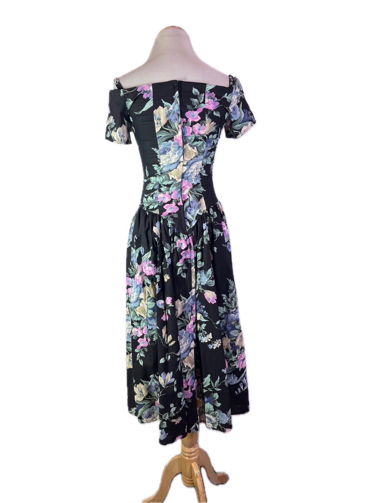 Vintage 1980s Byer Too! Size 5 Black Floral Tea Dress Off-the-Shoulder V-Waist
