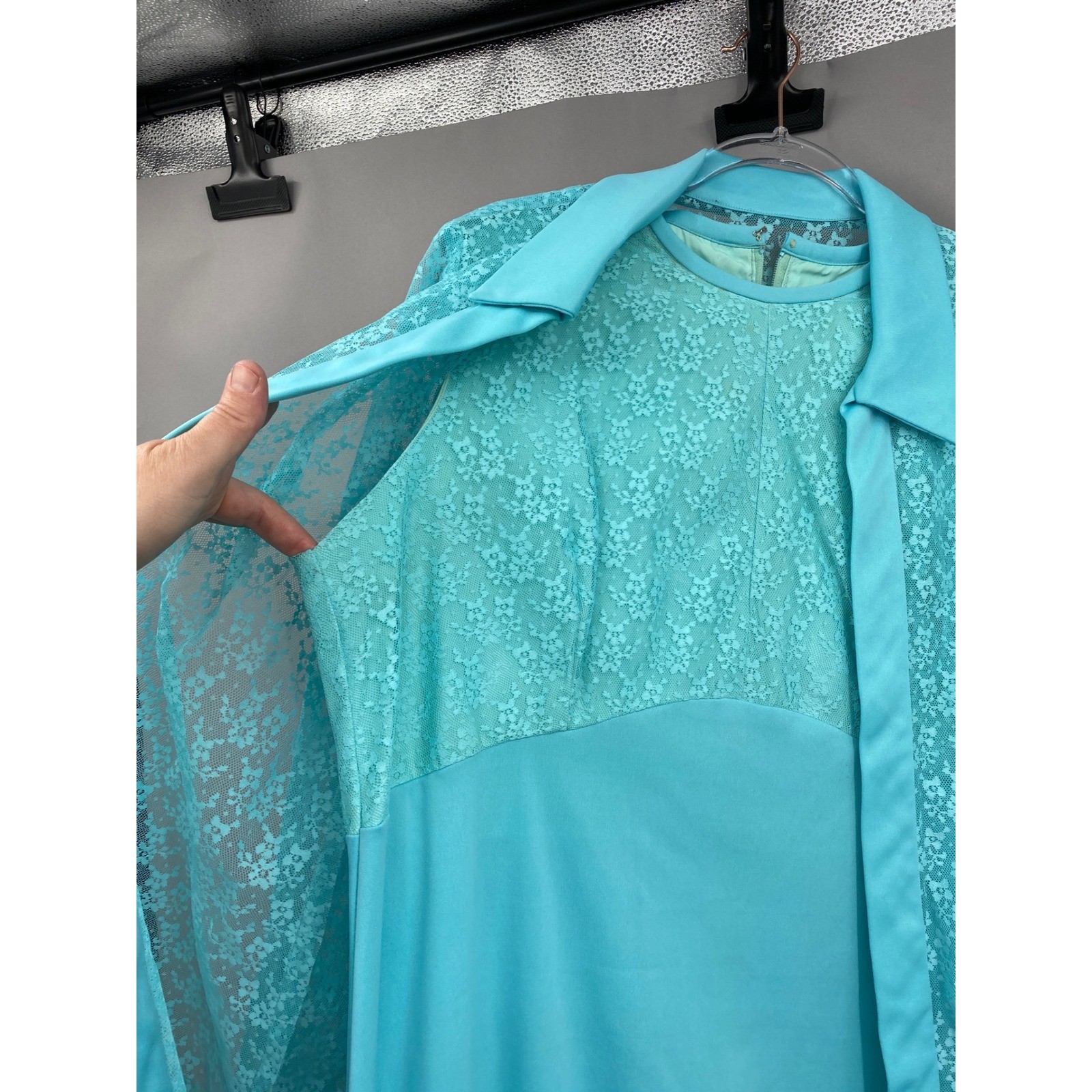 Vintage 60s Lace Maxi Dress Jacket Set Women XL 1X Turquoise Blue Formal Pastel