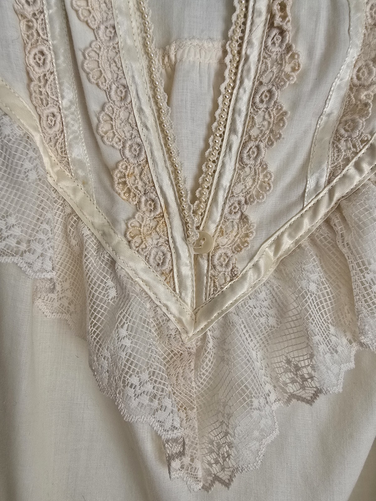 Ivory Lace Victorian Style Long Sleeve Shirt with Lace Trim and Button Cuffs