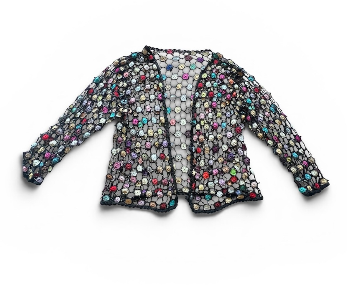 Vintage Handmade Crochet Cardigan Colorful Boho Open Front Jacket Shrug Summer