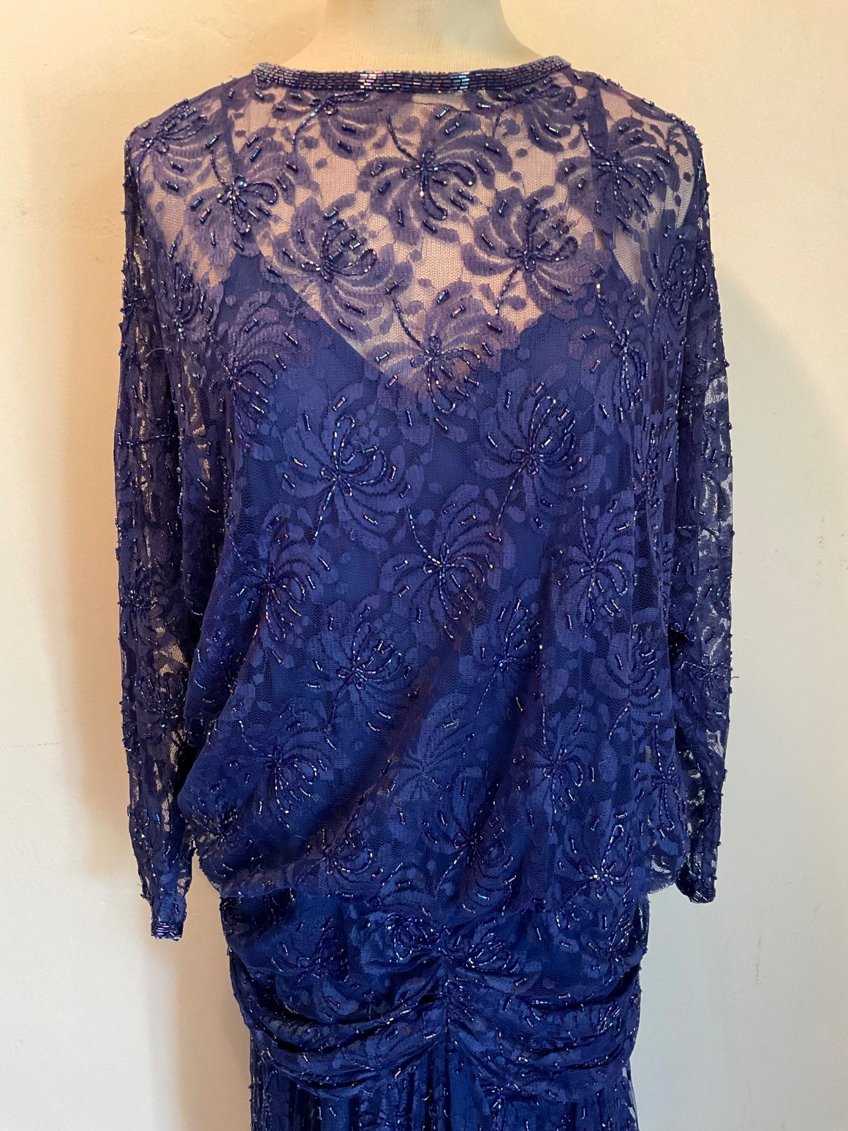 VTG 80s Art Deco Beaded Drop Waist Lace Gown Dark Blue Judith Ann Sz. Medium