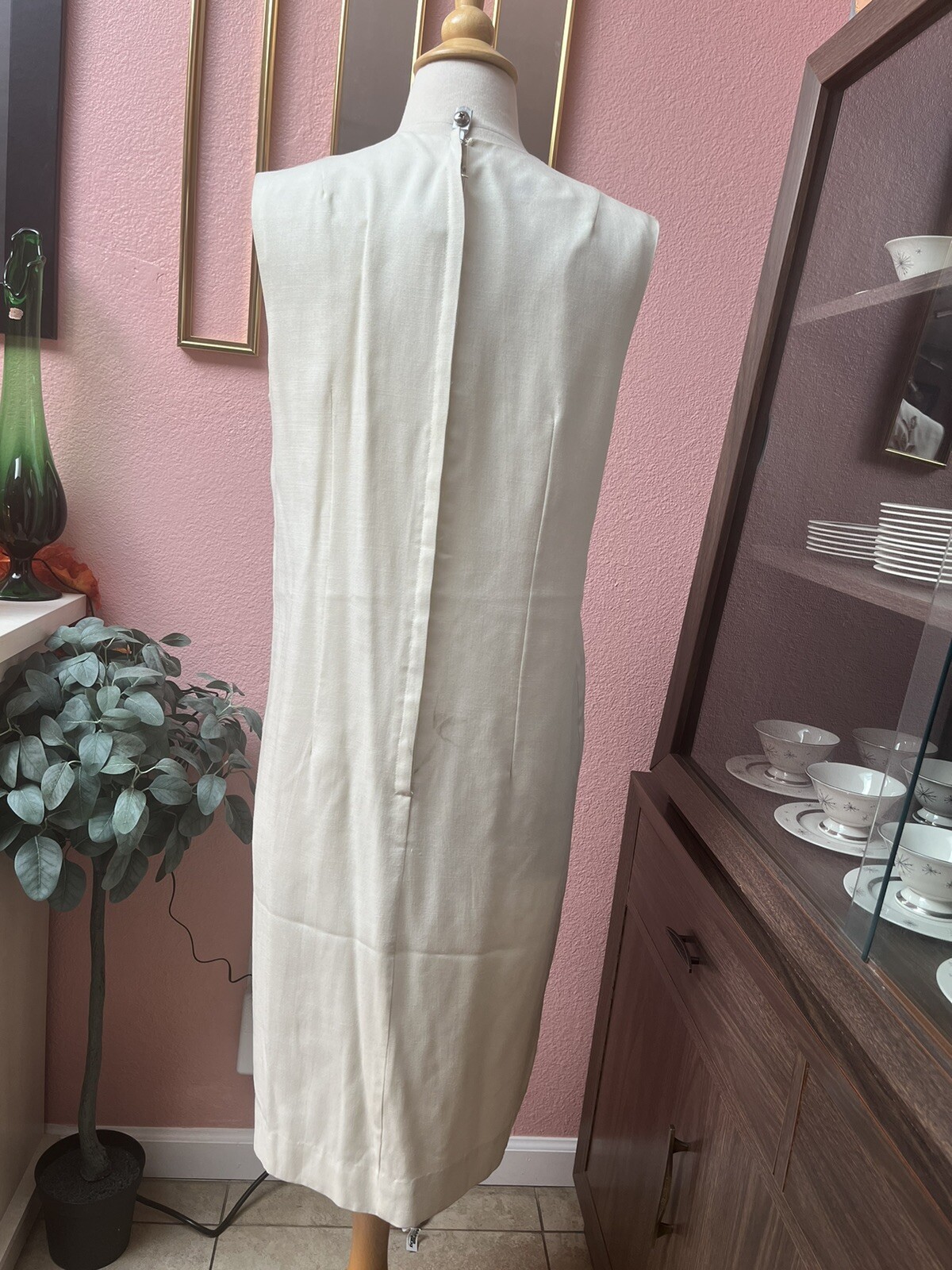 Vintage 60s Charlotte Cream Shift Dress w/ glittery gold design | Size L