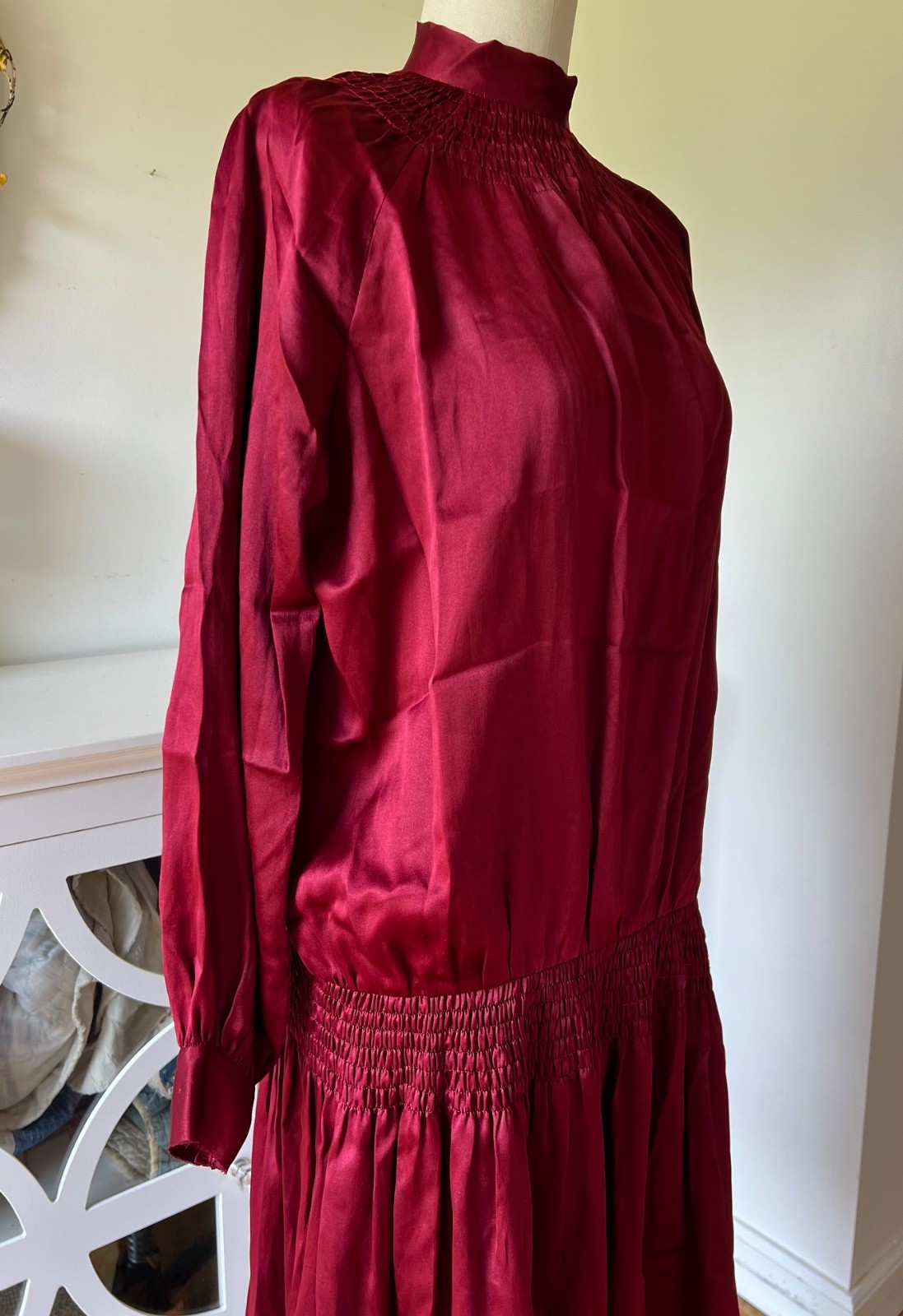 Antique 1920s Silk Drop Waist Dress Wine Red Flapper Long Sleeve Widder Bros SM
