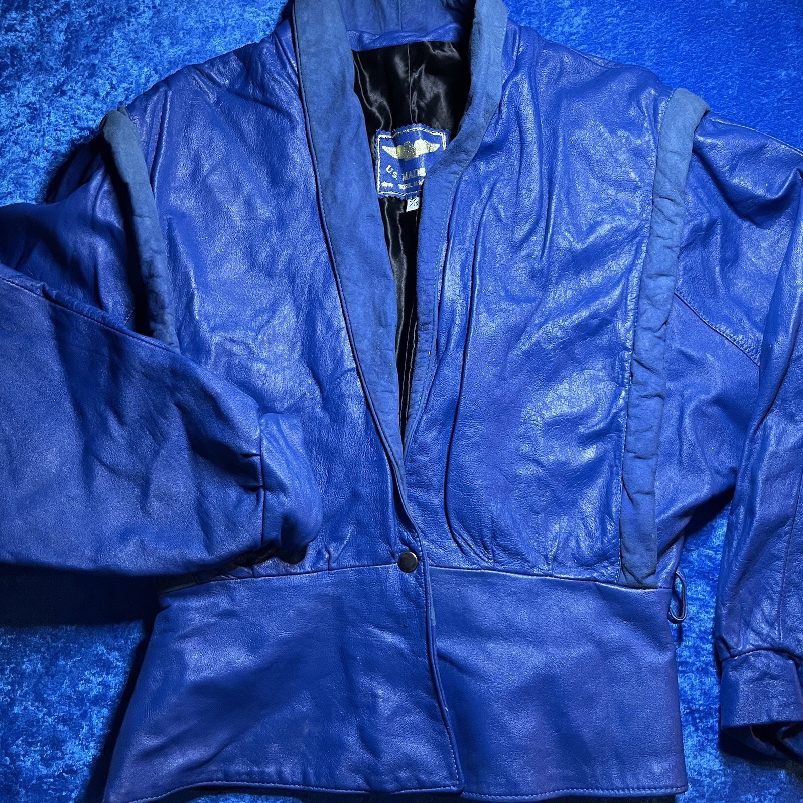 U.S. Maine Co Leather Jacket Vintage 1980s Blue Glam Rock Biker See Pics Flaws