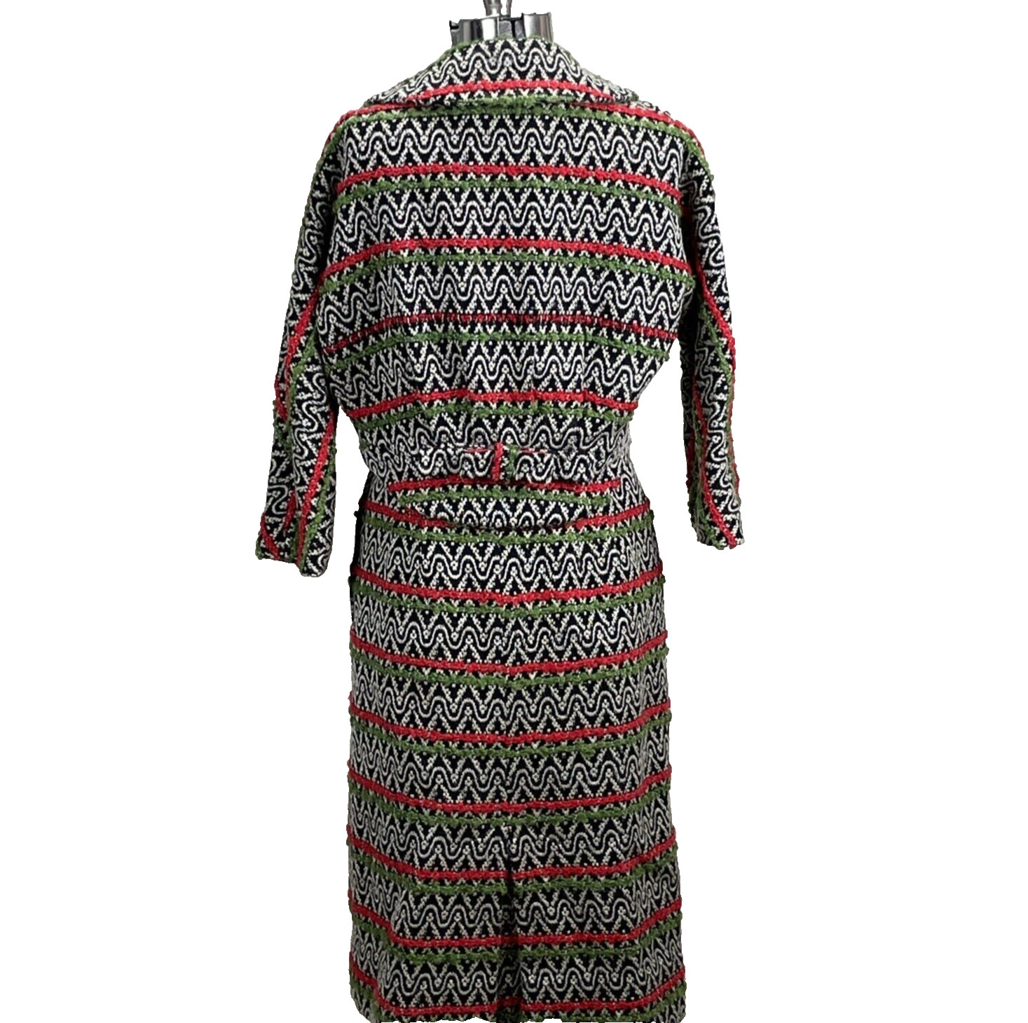 Vintage 60s Handmade Boucle Suit XXS Cropped Jacket Skirt Green Red Black