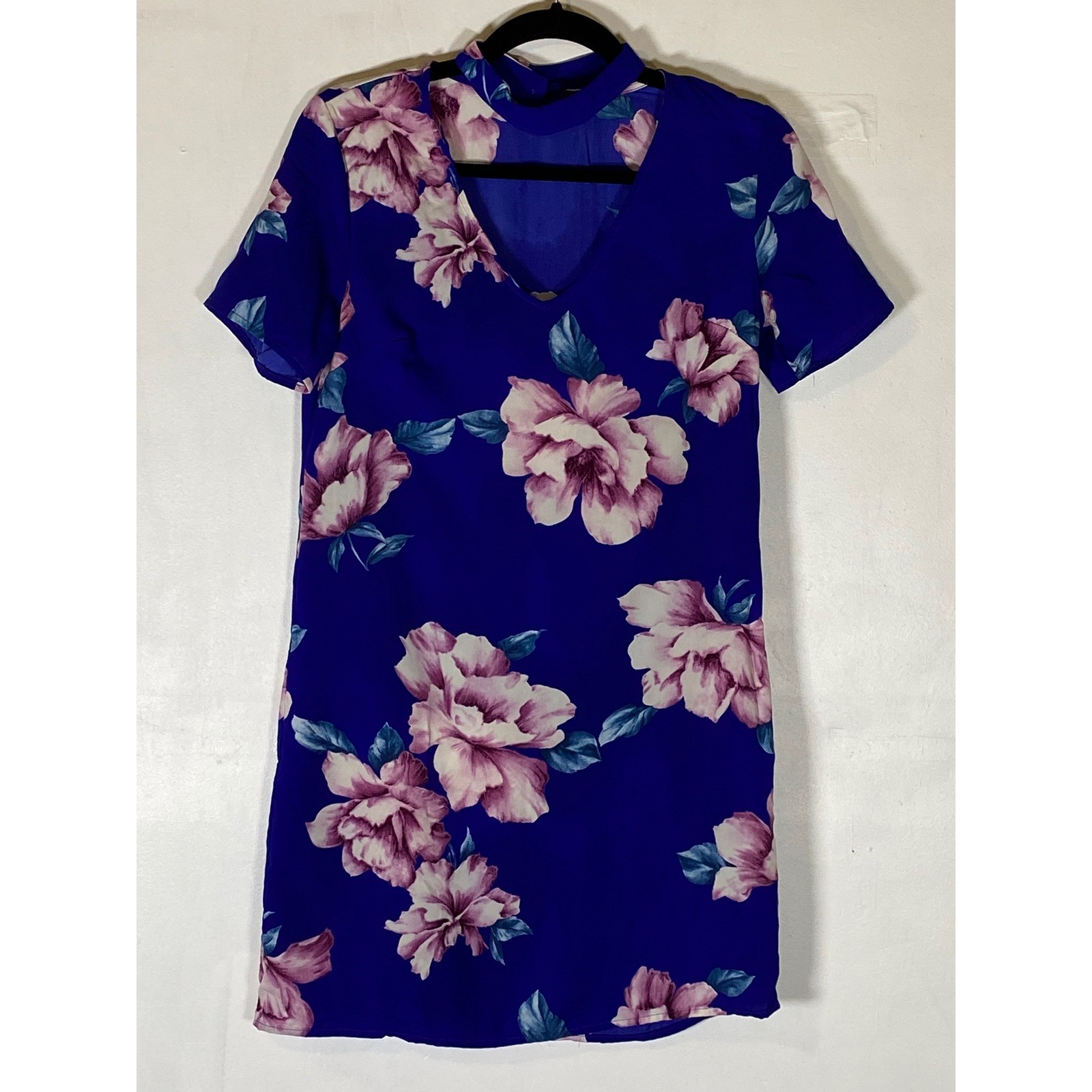 XS Blue Pink Floral Choker Neck Shift Dress V Neck Mini Cottagecore Coquette