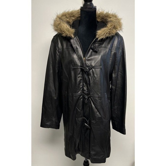 Vintage Soft Lambskin Leather Womens Coat Toggle Faux Fur Trim XL Grunge Goth