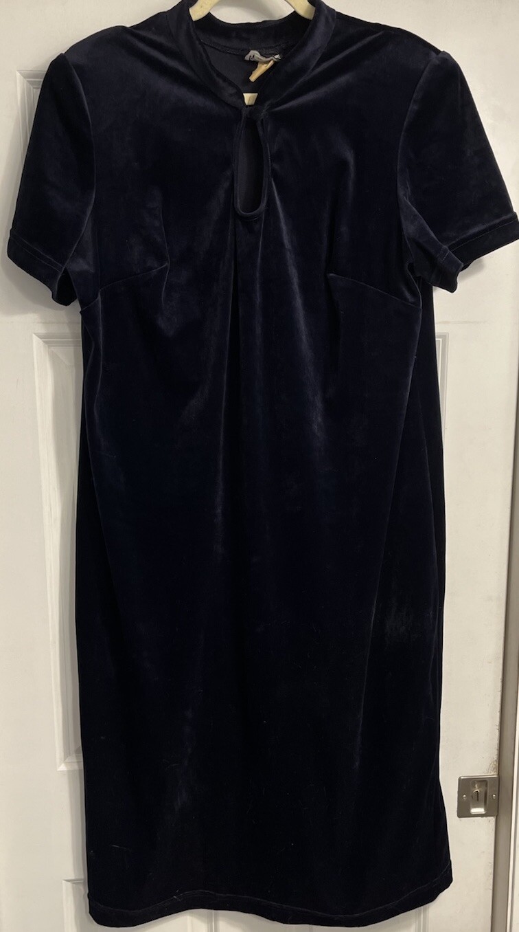 Vtg 60s Dark Blue Velvet Cocktail Dress Womens Size 18 Short Sleeve Slit Back
