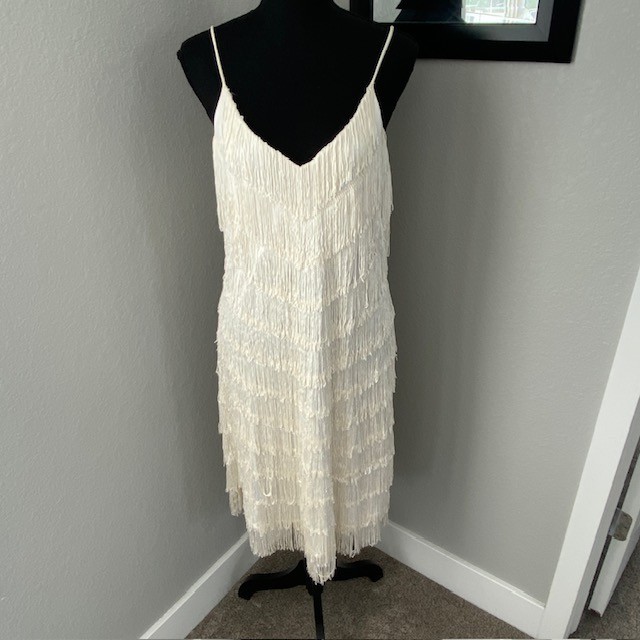VINTAGE 70s Joy Stevens Ivory Fringe Flapper Gatsby Dress Sz 12
